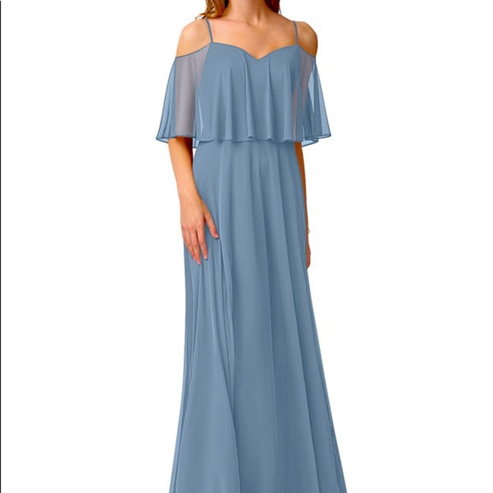 Azazie Twilight Blue Off-Shoulder Bridesmaid Dress - Picture 2 of 9